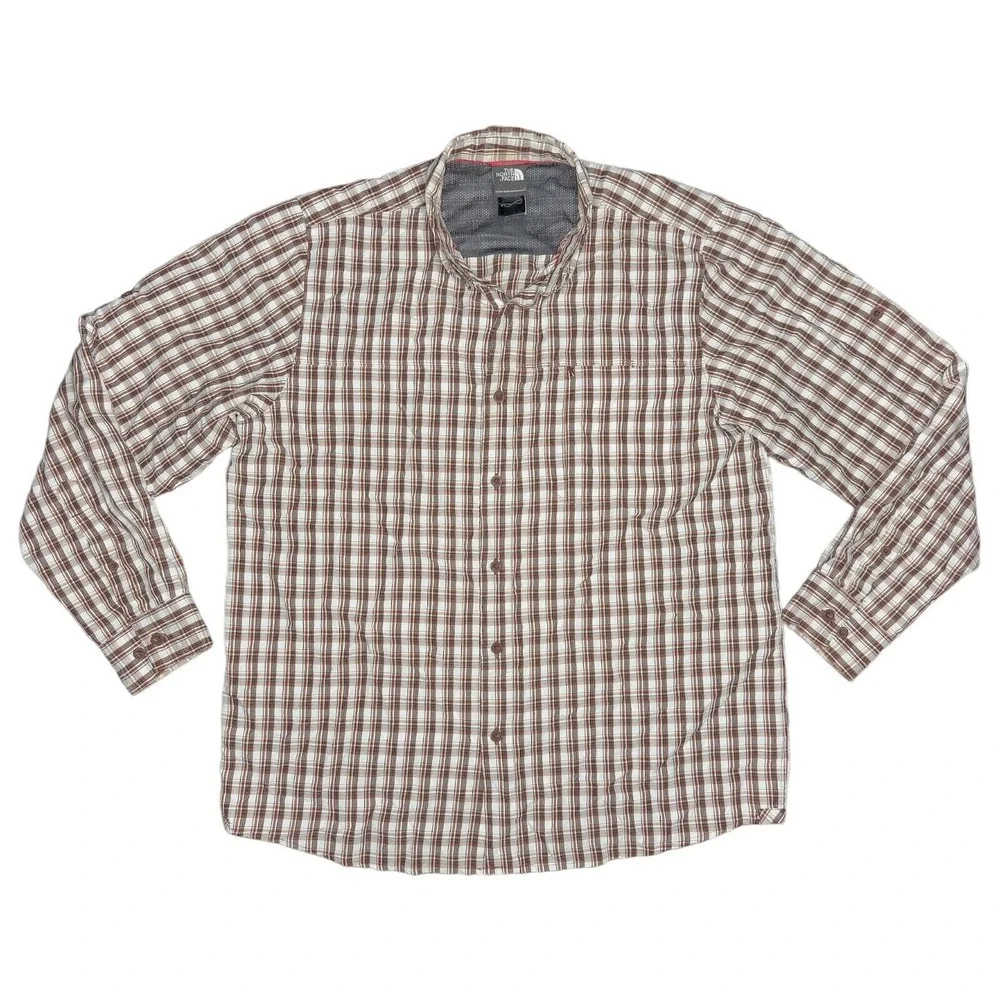 The North Face Men's Large Brown Plaid Long Sleeve Shirt Roll Tab Sleeves Hiking